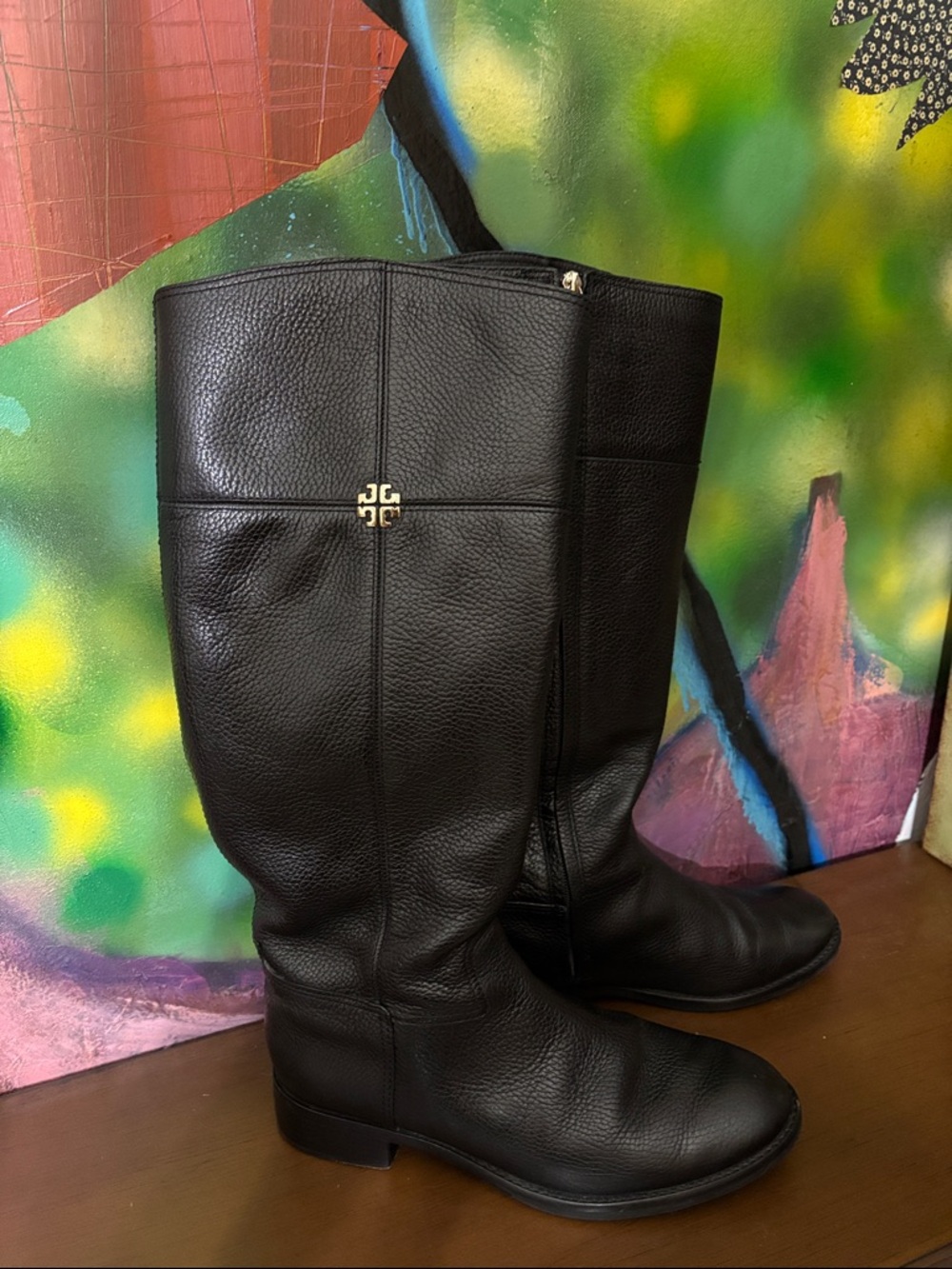 Tory Burch Black Leather Tall Riding Boots with Gold Logo
